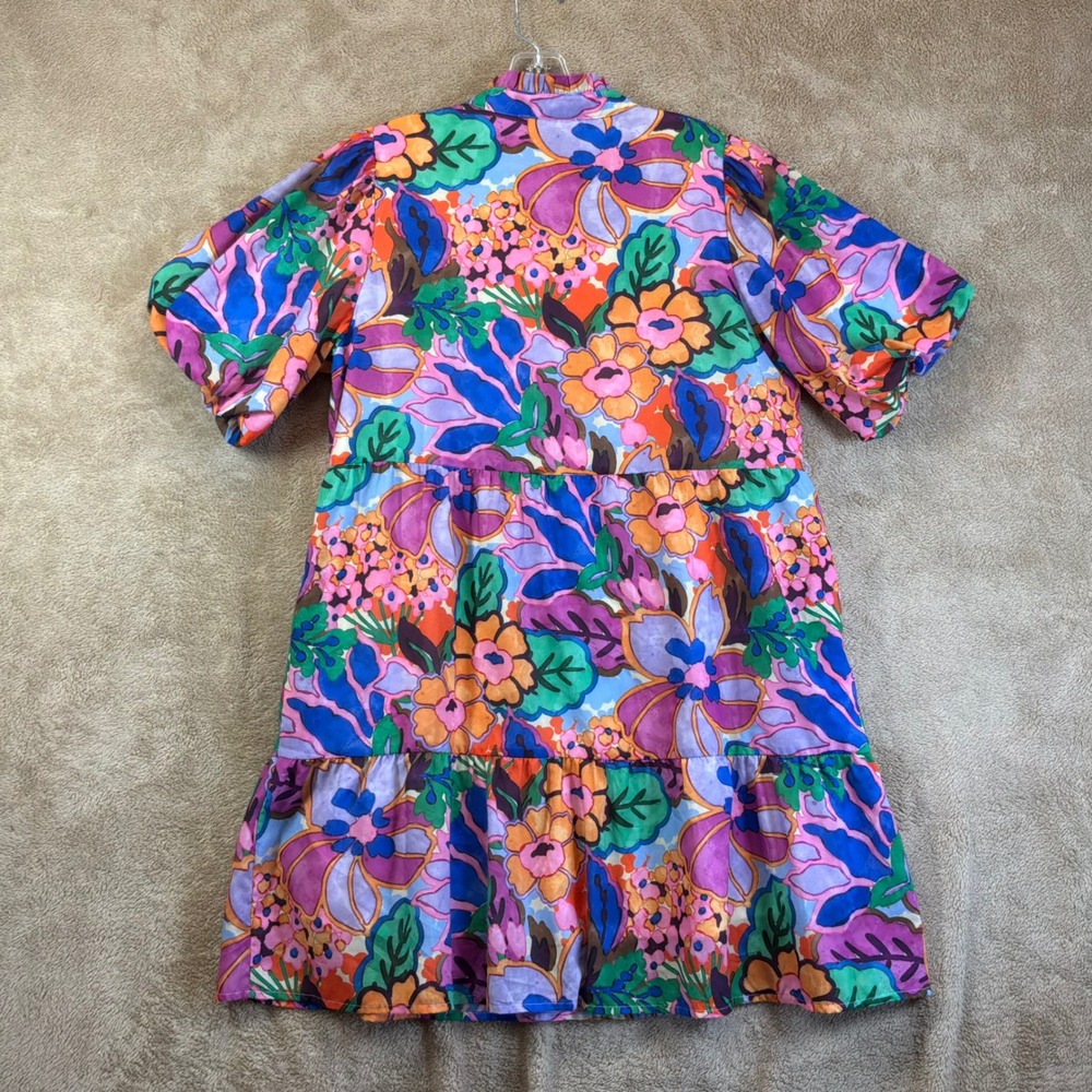 THML Floral Tiered Mini Dress L Multi Color Floral Puff Sleeve Statement - Picture 6 of 8